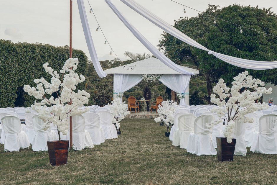 Beautiful wedding ceremony setup with elegant floral arrangements